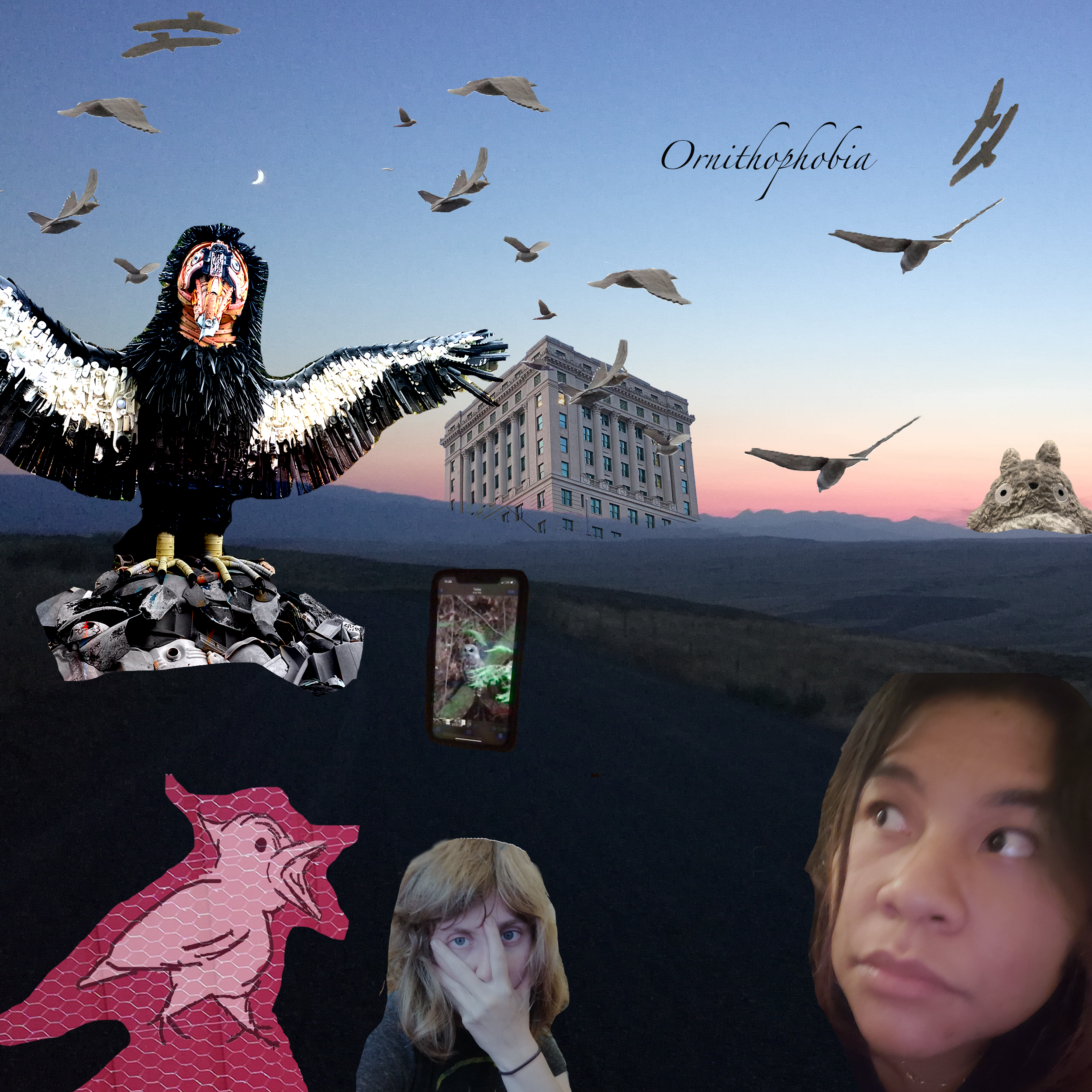 Surreal collage with bird and people.